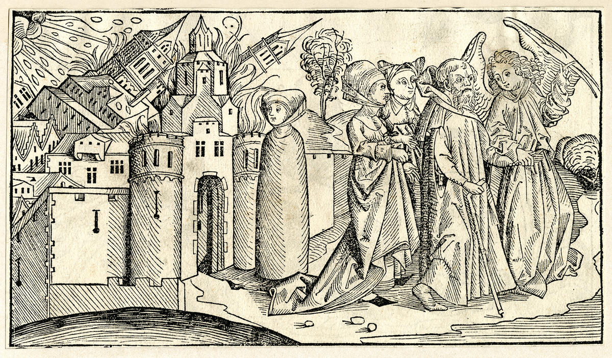 Michael Wolgemut, Lot and His Family Leaving Sodom, ca. 1493–1500, ink on paper, 3.62 x 4.88 cm. Published in the Nuremberg Chronicle (Liber Chronicarum) by Hartmann Schedel (Anton Koberger, 1493). Public domain.